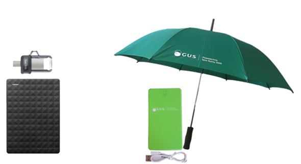 Zdjęcie przedstawia nagrody do wygrania: dysk twardy 1TB, pendrive, parasol automatyczny i power bank.