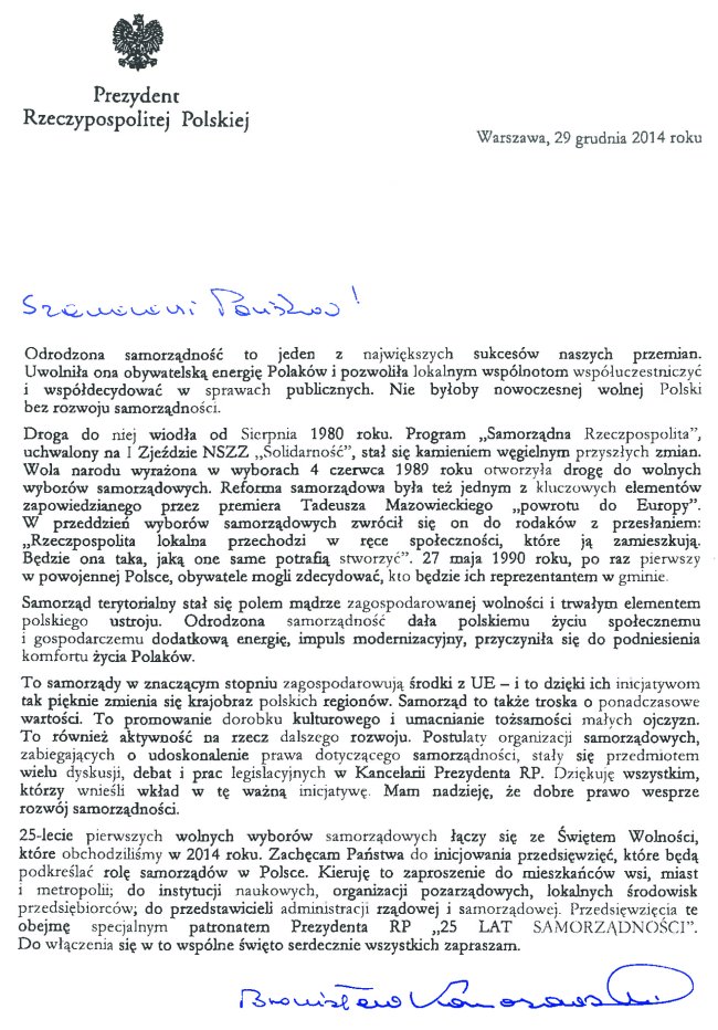 25 lat samorzadnosci apel prezydenta