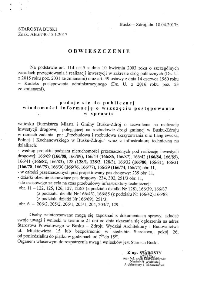 Obwieszczenie Starosty Buskiego: AB.6740.15.1.2017