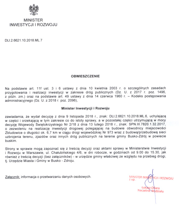Obwieszczenie Ministra Inwestycji i Rozwoju. Znak: DLI.2.6621.10.2018.ML.7