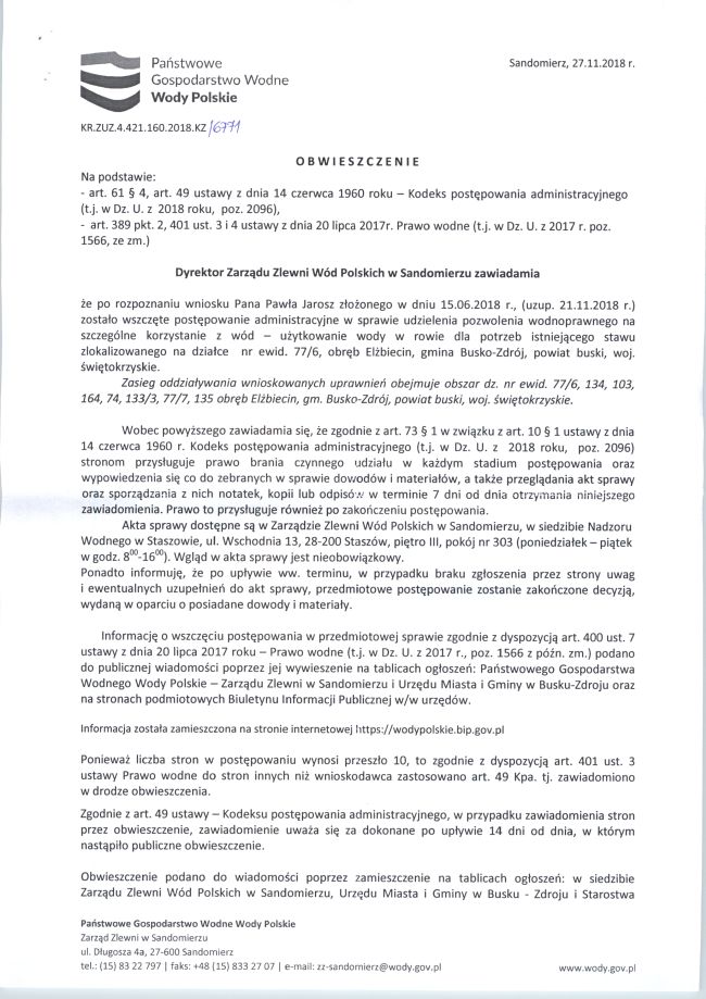 Obwieszczenie Dyrektora Zarządu Zlewni Wód Polskich w Sandomierzu