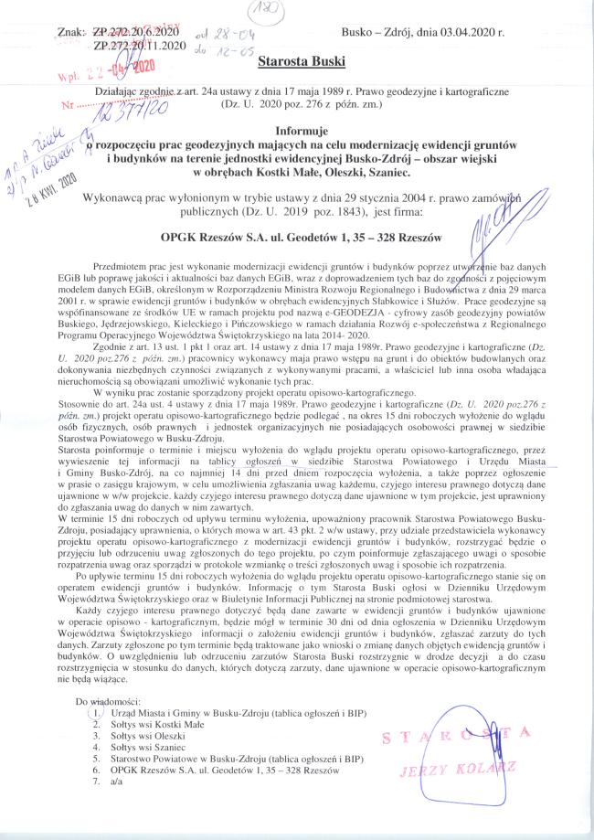 Informuje rozpoczęciu prac geodezyjnych mających na celu modernizację ewidencji gruntów i budynków na terenie jednostki ewidencyjnej Busko-Zdrój - obszar wiejski w obrębach Kostki Małe, Oleszki, Szaniec.