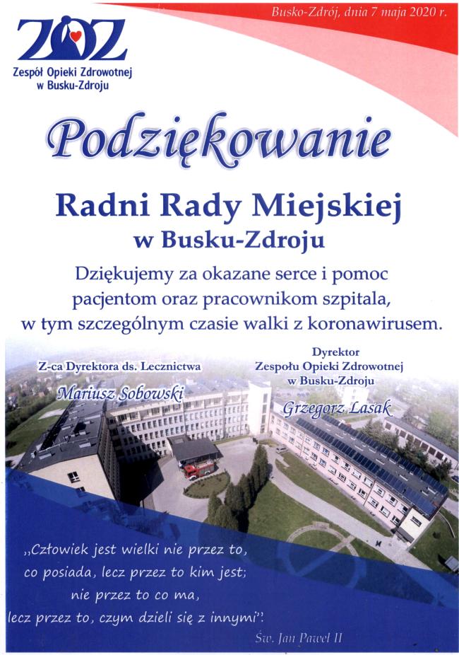 Podziękowania dla Radnych Rady Miejskiej 