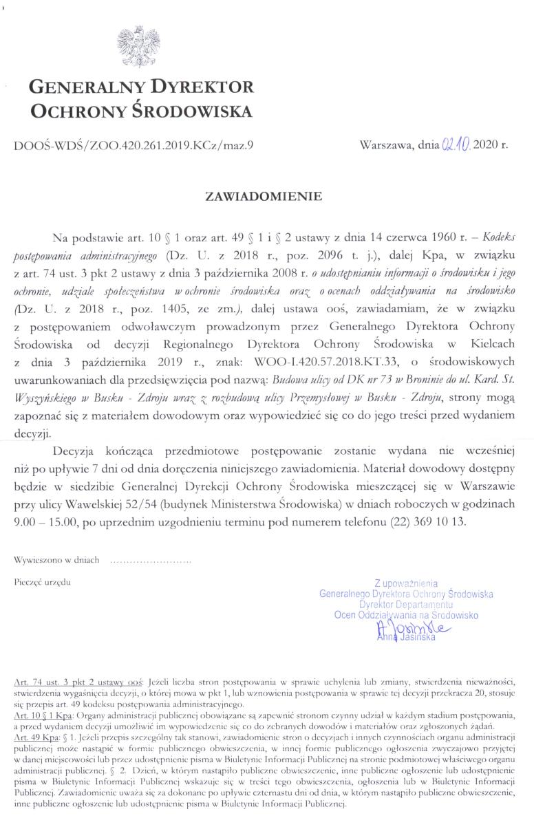 Zawiadomienie Generalnego Dyrektora Ochrony Środowiska 
