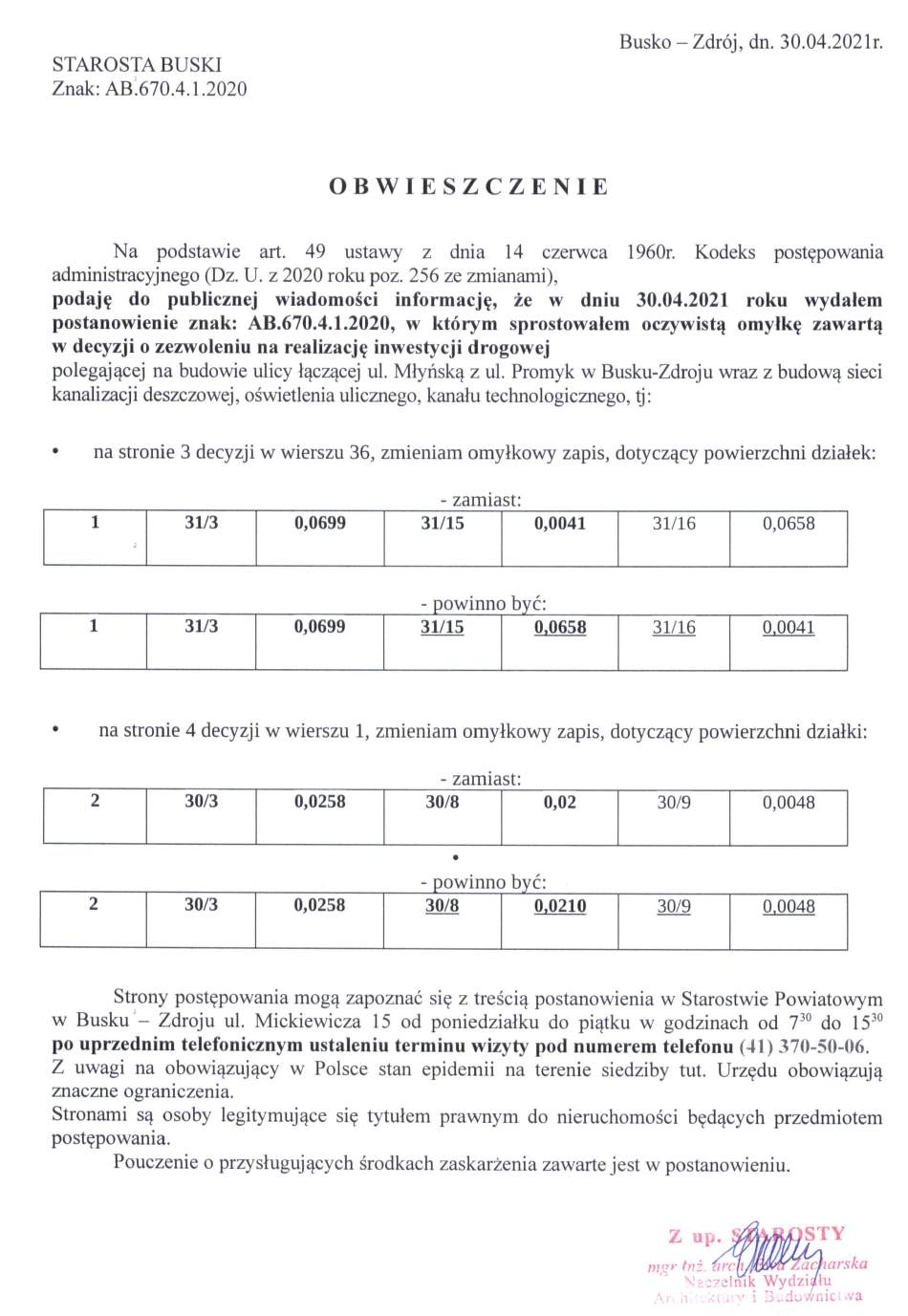 Obwieszczenie Starosty Buskiego. Znak: AB.670.4.1.2020