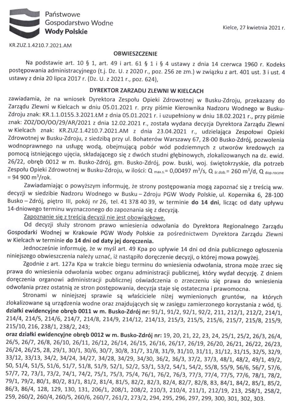 Obwieszczenie Państwowych Wód Polskich. Znak: KR.ZUZ.1.4210.7.2021.AM