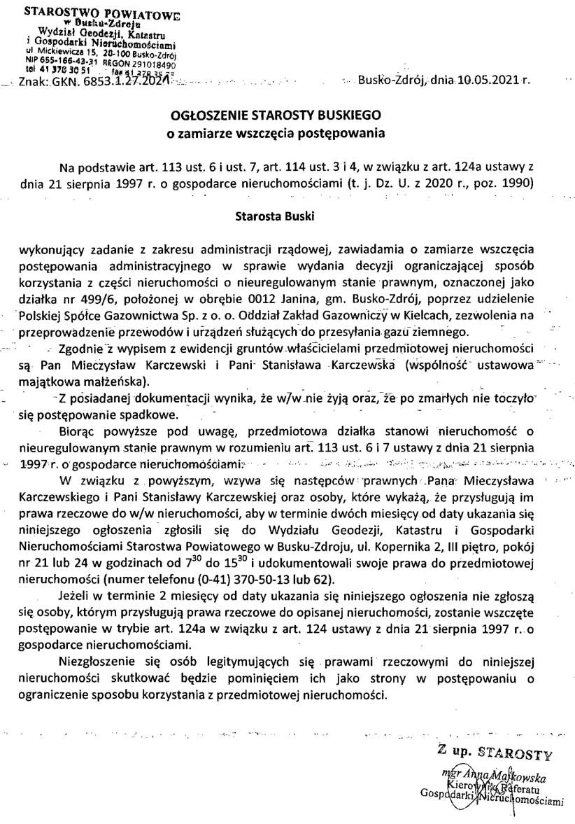 Ogłoszenie Starosty Buskiego o zamiarze wszczęcia postępowania. Znak: GKN.6853.1.27.2021