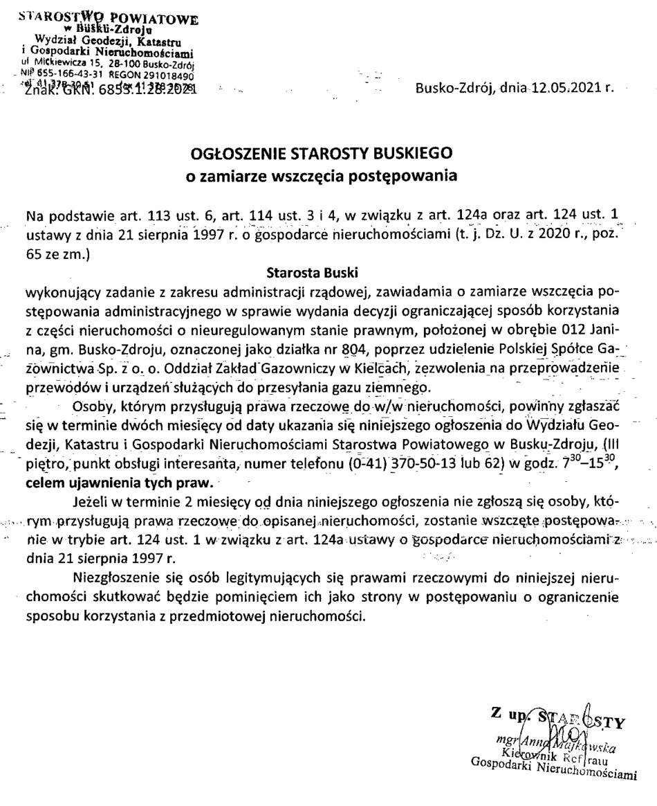 Ogłoszenie Starosty Buskiego o zamiarze wszczęcia postępowania. Znak: GKN.6853.1.28.2021