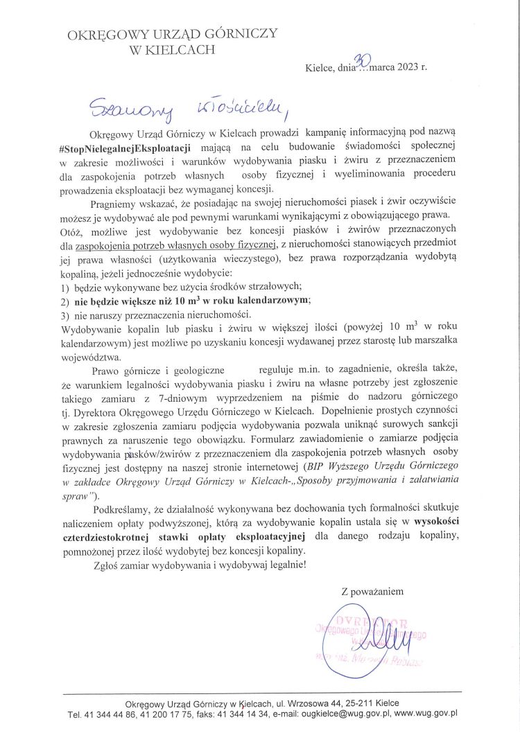 Pismo Dyrektora OUG Kielce w sprawie kampanii informacyjnej STOP NIELEGALNEJ EKSPLOATACJI