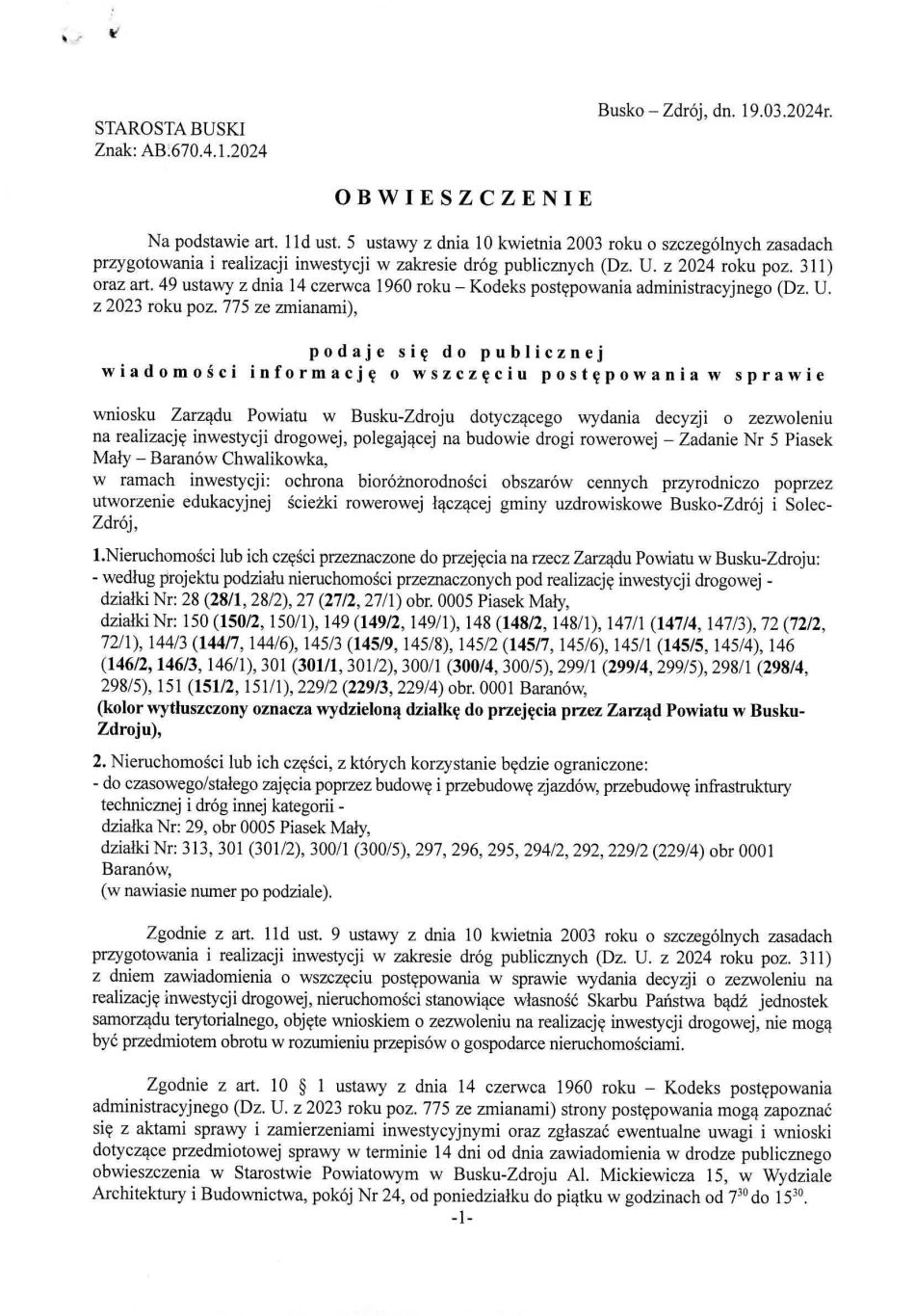 Obwieszczenie Starosty Buskiego. Znak: Znak: AB.670.4.1.2024