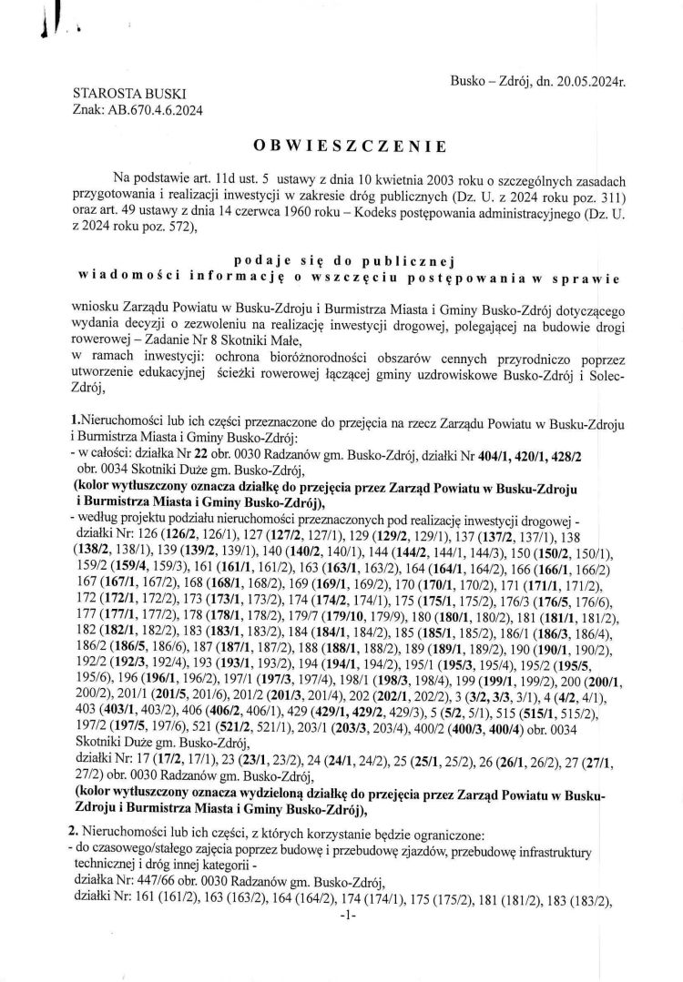 Obwieszczenie Starosty Buskiego. Znak: AB.670.4.6.2024