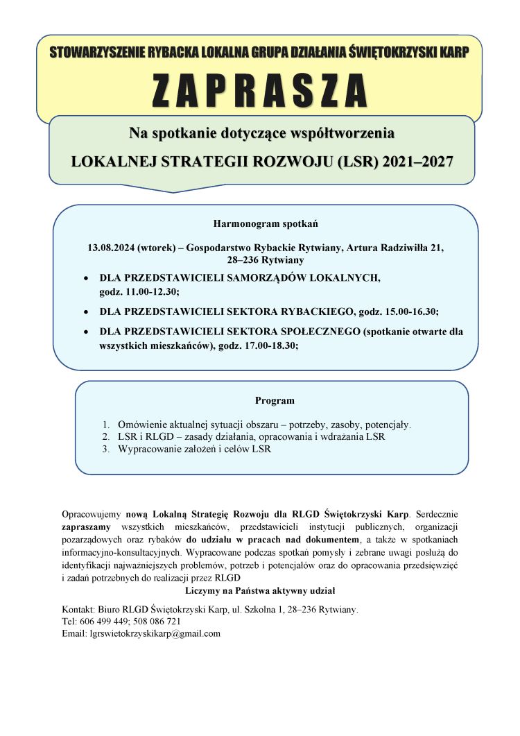 Zapraszamy na spotkania organizowane przez Stowarzyszenie RLGD Świętokrzyski Karp dotyczących współtworzenia LSR na lata 2021-2027