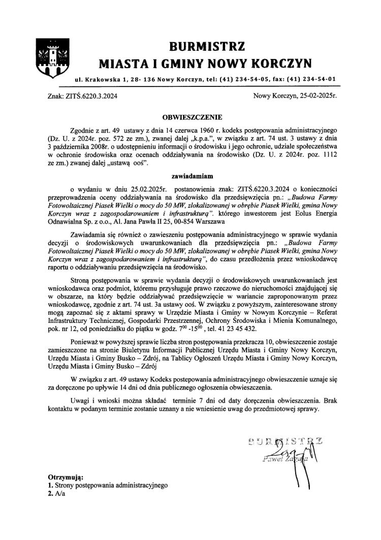 Obwieszczenie Burmistrza Miasta i Gminy Nowy Korczyn. Znak: ZITŚ.6220.3.2024