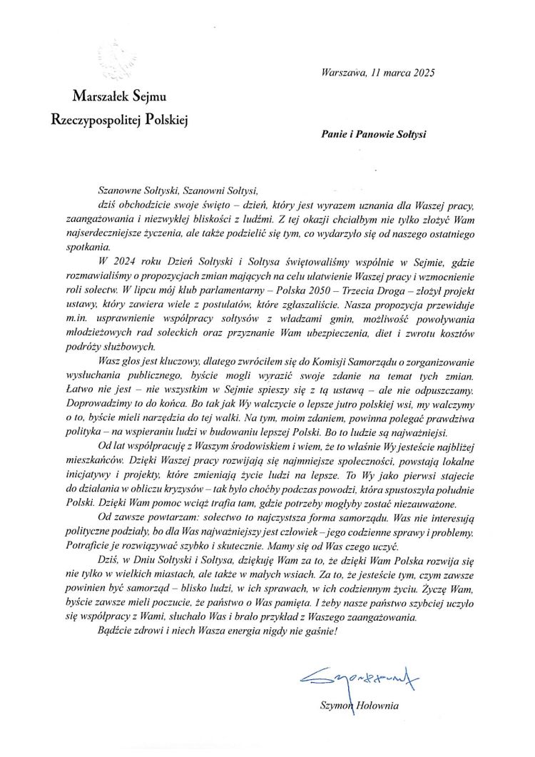 List Marszałka Sejmu RP Szymona Hołowni z okazji Dnia Sołtysa