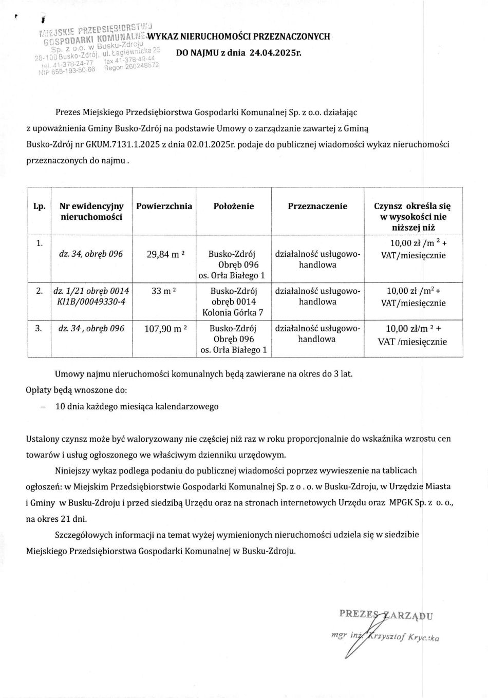 Wykaz nieruchomości przeznaczonych do najmu. Znak: TM.4110.1.2025.AGŚ