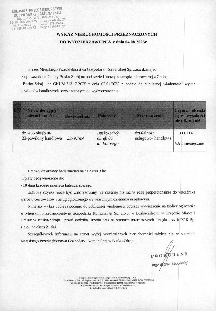 Prezes Miejskiego Przedsiębiorstwa Gospodarki Komunalnej Sp. z.o.o podaje do publicznej wiadomości wykaz pawilonów handlowych przeznaczonych do wydzierżawienia