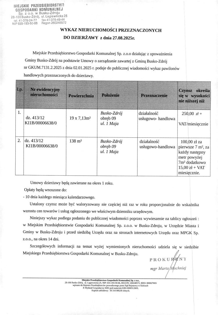 Wykaz nieruchomości przeznaczonych do dzierżawy