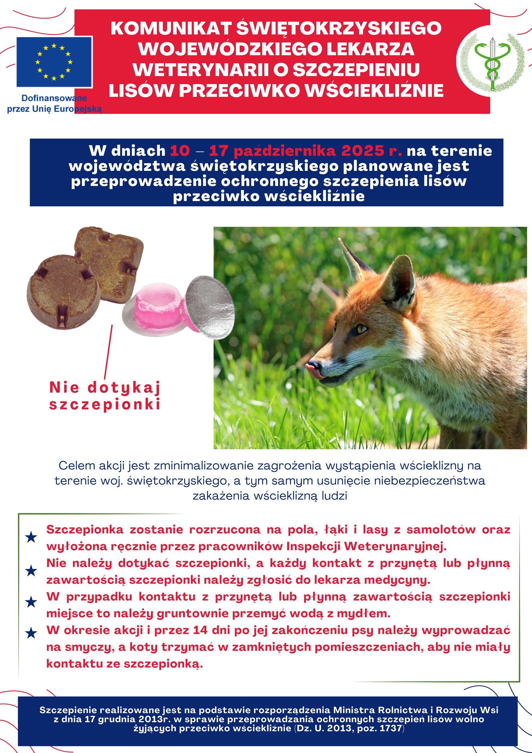 Komunikat Świętokrzyskiego Wojewódzkiego Lekarza Weterynarii o szczepieniu lisów przeciwko wściekliźnie