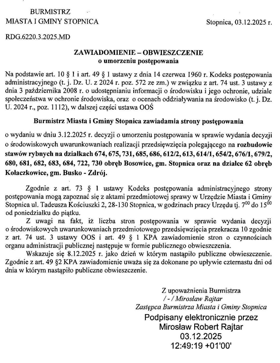 Obwieszczenie Burmistrza Miasta i Gminy Stopnica. Znak: RGD.6220.3.2025.MD