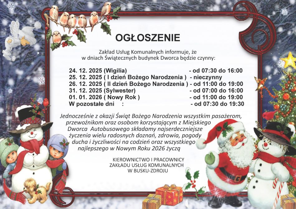 Godziny pracy Zakładu Usług Komunalnych w okresie świątecznym