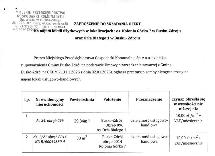 Zaproszenie do składania ofert na najem lokali użytkowych w lokalizacjach: os. Kolonia Górka 7 w Busku-Zdroju oraz Orła Białego 1 w Busku- Zdroju