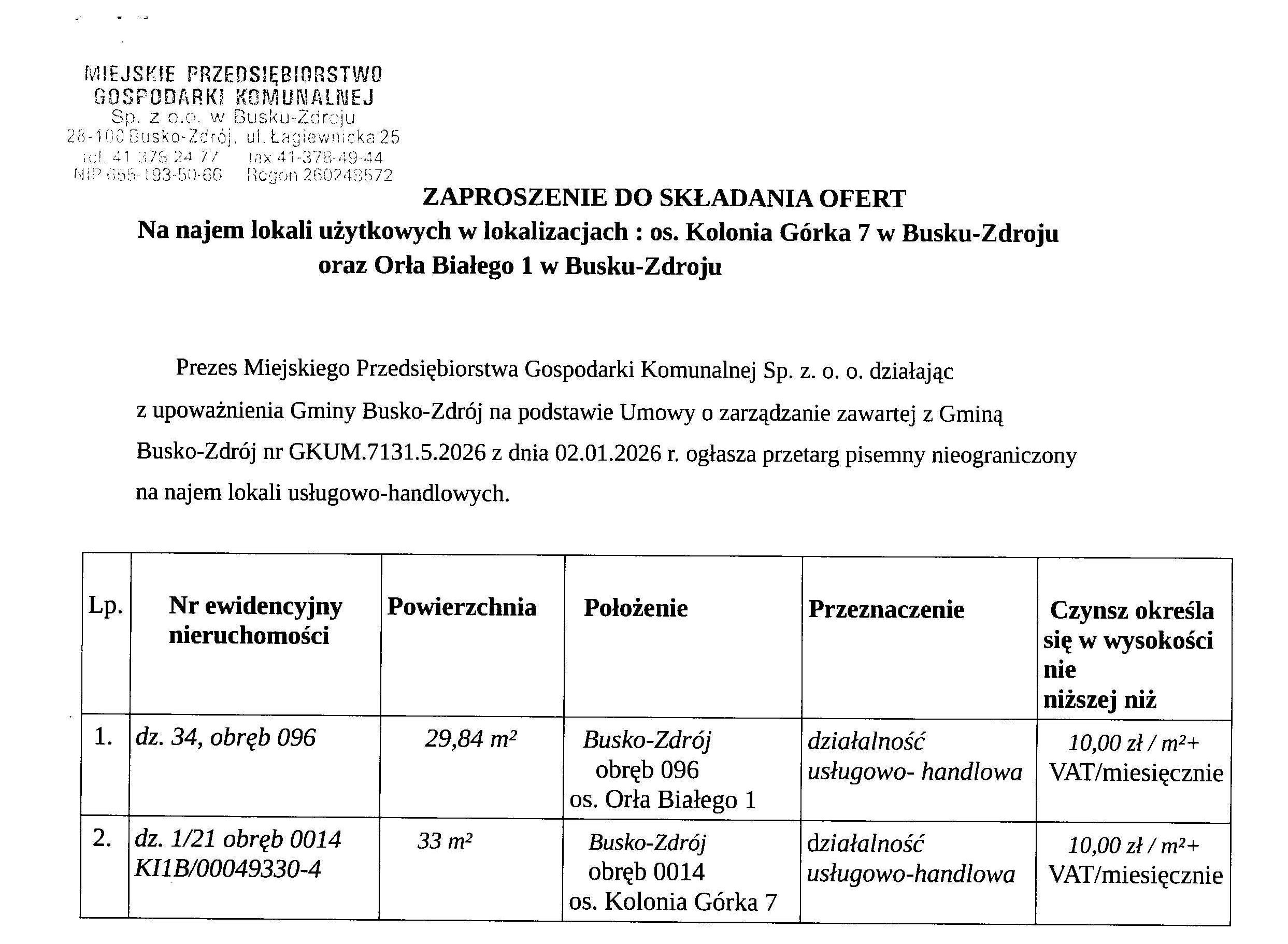 Zaproszenie do składania ofert na najem lokali użytkowych w lokalizacjach: os. Kolonia Górka 7 w Busku-Zdroju oraz Orła Białego 1 w Busku-Zdroju