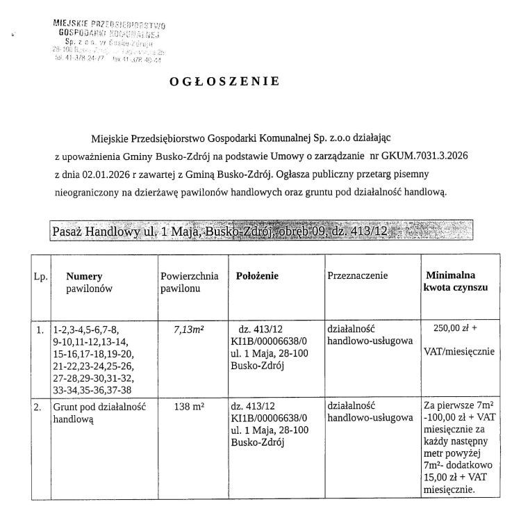 Ogłoszenie o przetargu na dzierżawy pawilonów handlowych