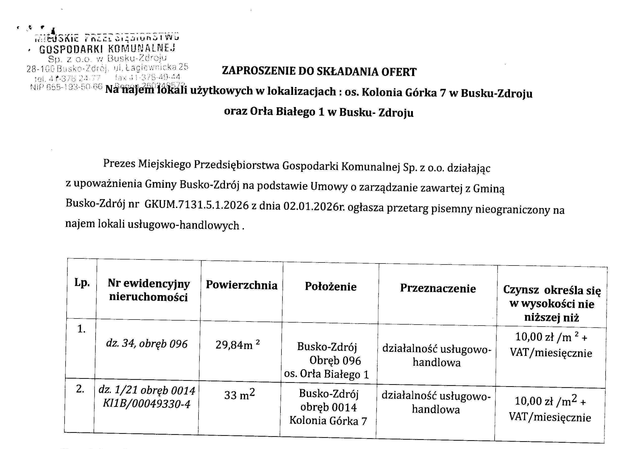 Ogłoszenie o przetargu na najem lokali