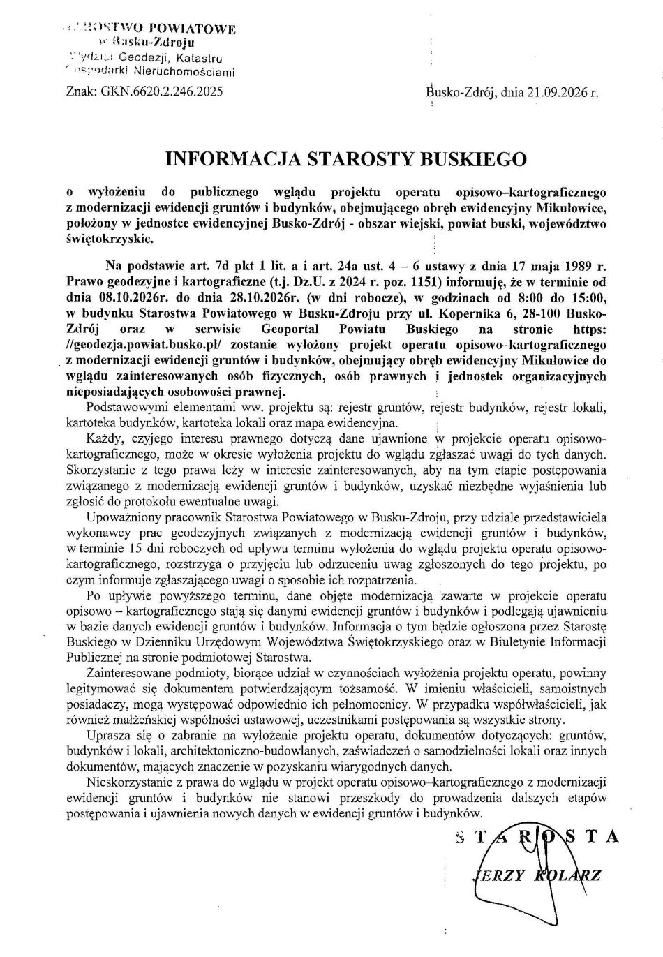 Informacja Starosty Buskiego. Znak: GKN.6620.2.246.2025