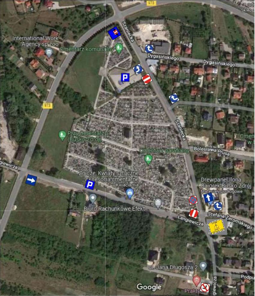 Schemat tymczasowej organizacji ruchu w okolicy cmentarza wprowadzonej w terminie od 30 października 2026 r godz.19:00 do 2 listopada 2026 r. godz. 6:00.
