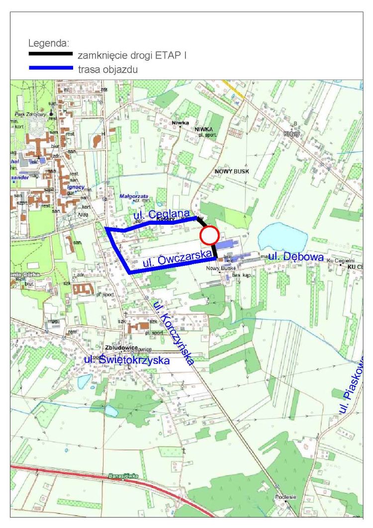 Utrudnienia w ruchu drogowym - Budowa ulicy łączącej ul. Ceglaną w Busku-Zdroju z ul. Korczyńską w Zbludowicach wraz z budową ronda”. Zadanie realizowane w ramach „Rządowego Funduszu Rozwoju Dróg