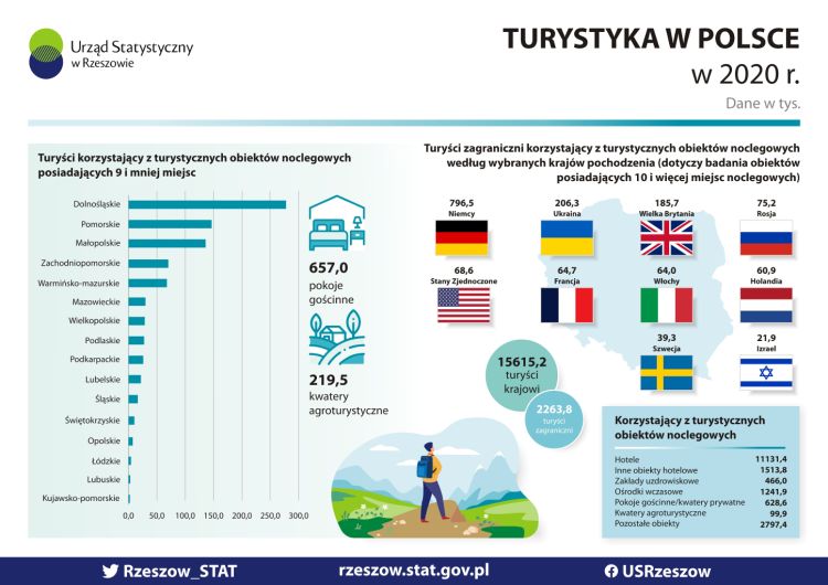 Grafika zawiera informację na temat Turystyki w Polsce w roku 2020