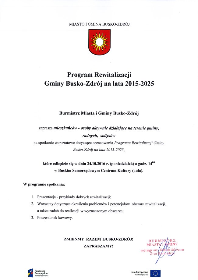 Burmistrz MiG Busko-Zdrój zaprasza mieszkańców na spotkanie warsztatowe dotyczące opracowania Programu Rewitalizacji Gminy Busko-Zdrój na lata 2015-2025