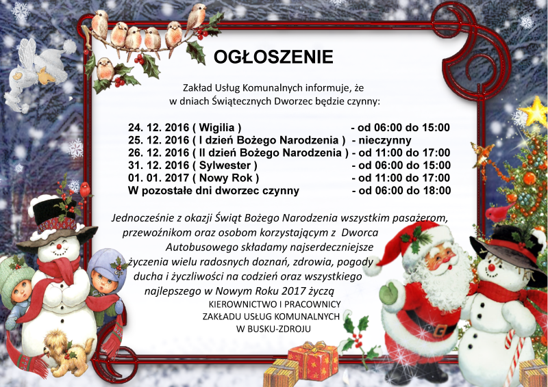 Informacja o godzinach pracy Dworca Autobusowego w dniach przypadające na okres świąt Bożego Narodzenia