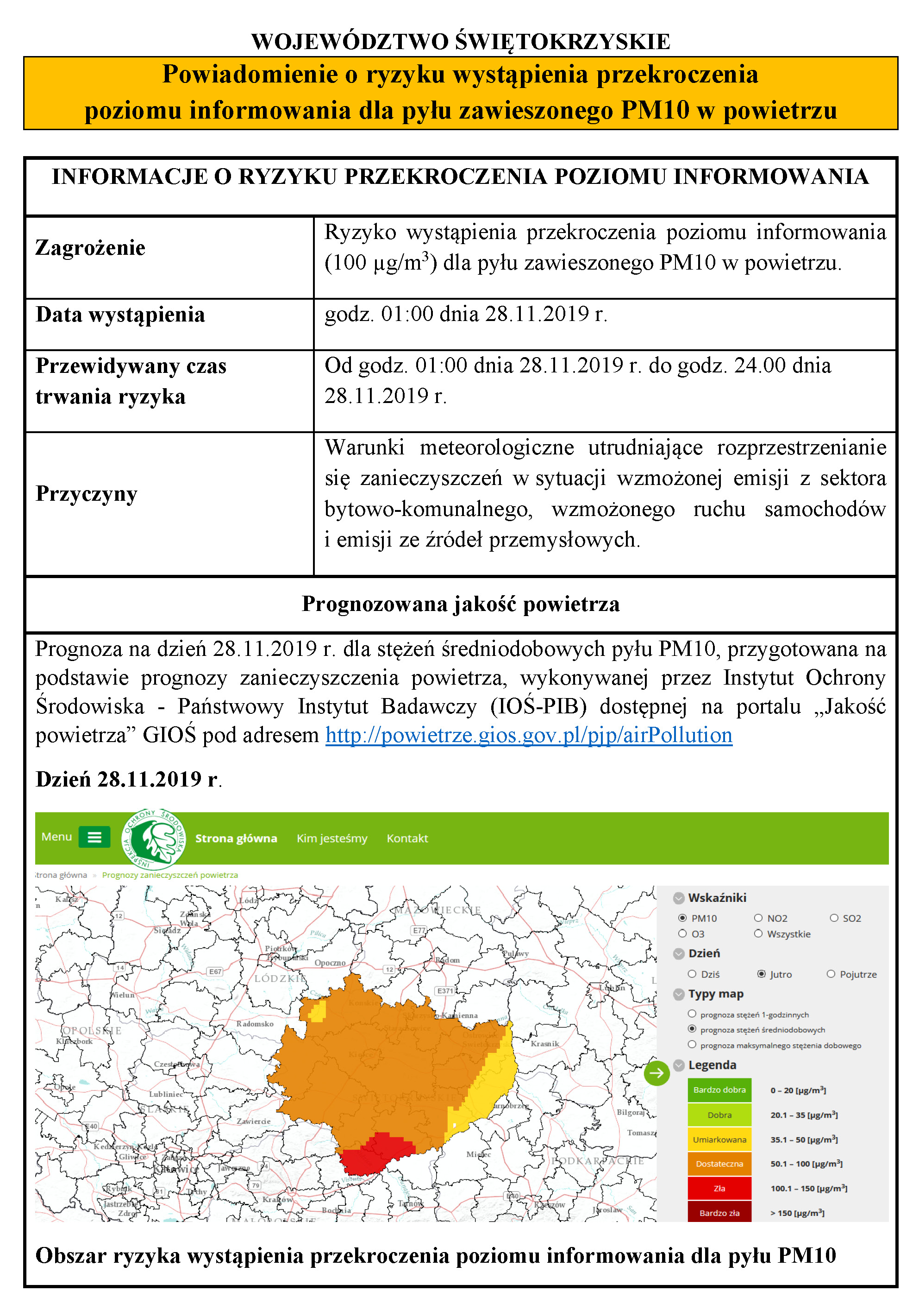 Ryzyko przekroczenia poziomu informowania dla pylu PM10 