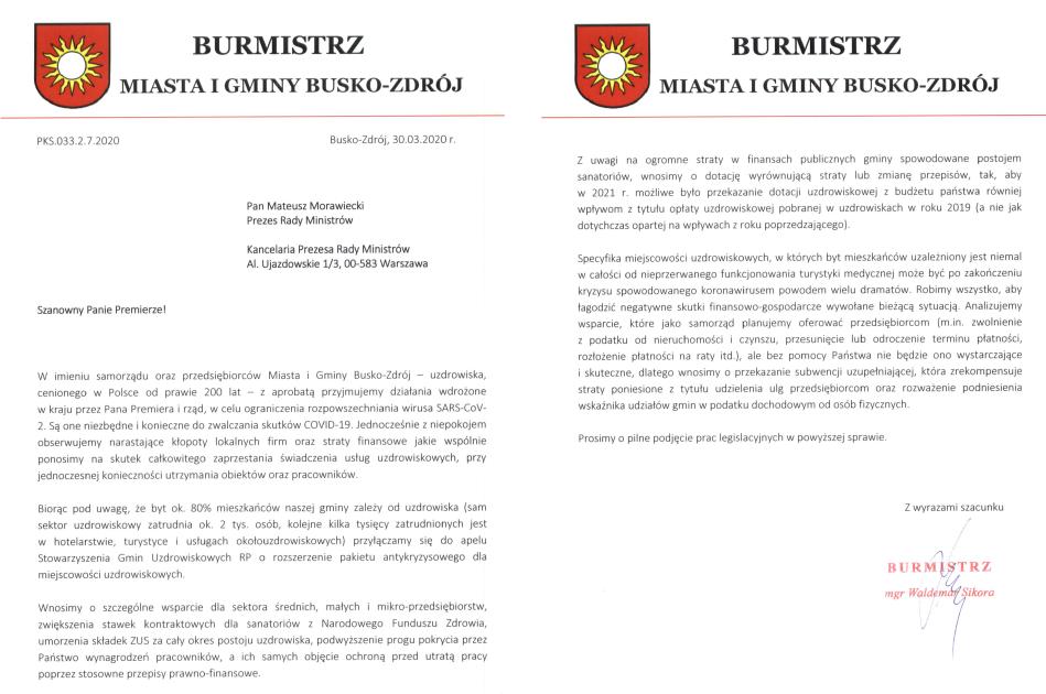 Gmina Busko-Zdrój przyłącza się do apelu SGU RP o rozszerzenie pakietu antykryzysowego dla miejscowości uzdrowiskowych.