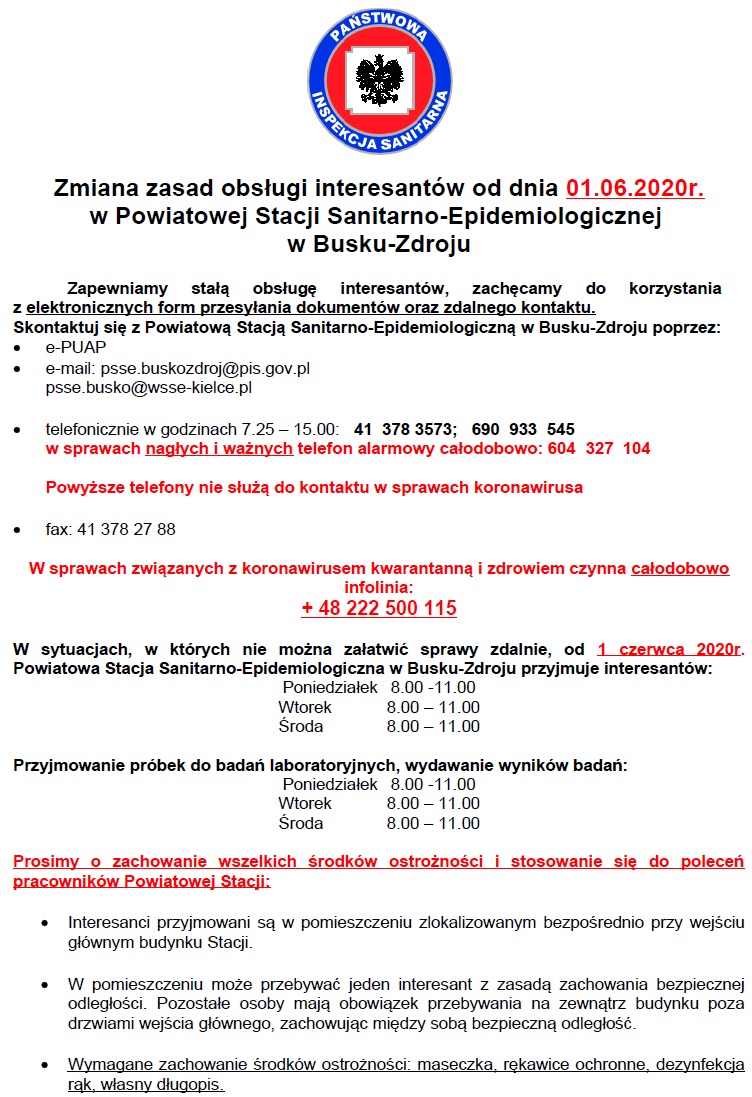 Zmiana zasad obsługi interesantów w Państwowej Stacji Sanitarno Epidemiologicznej w Busku-Zdroju 