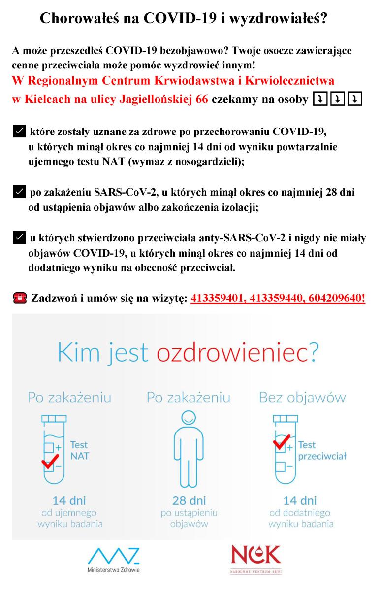 Ogłoszenie Regionalnego Centrum Krwiodawstwa i Krwiolecznictwa w Kielcach - osocze od ozdrowieńców