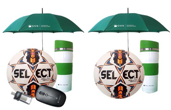 Nagrody: mysz bezprzewodowa, pendrive, piłka do piłki nożnej, parasol automatyczny oraz kubek termiczny