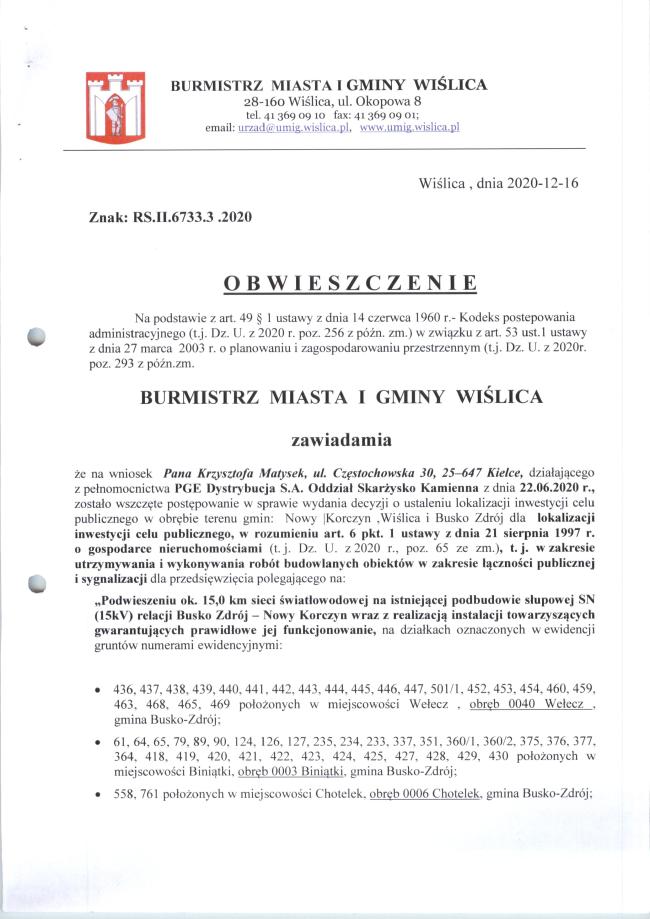 Obwieszczenie Burmistrza Miasta i Gminy Wiślica