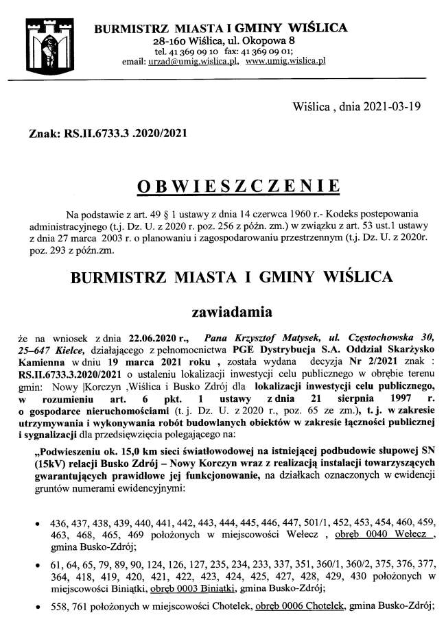 Obwieszczenie Burmistrza Miasta i Gminy Wiślica. Znak RS.II.6733.33.2020/2021