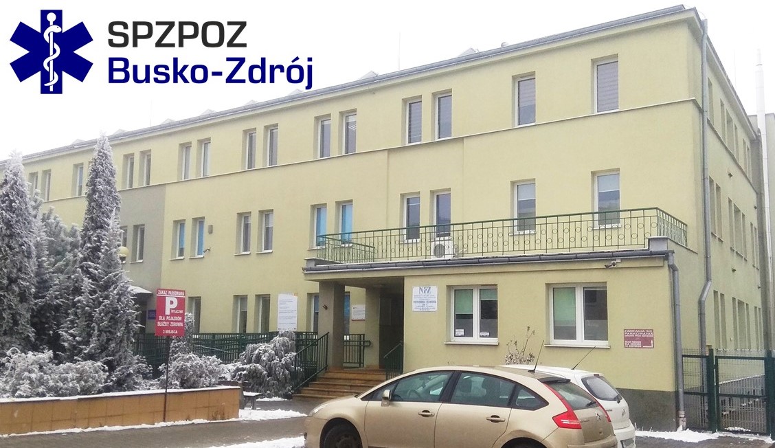 grafika przedstawia budynek SPZPOZ w Busku-Zdroju wraz z jego logotypem