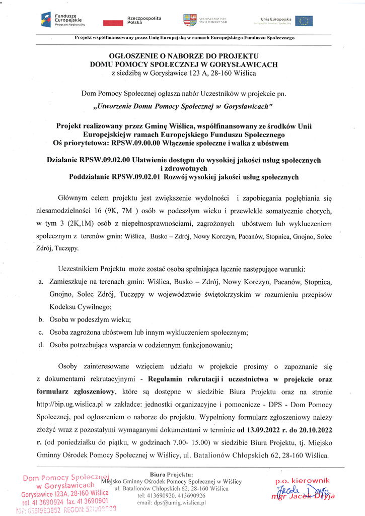 Ogłoszenie o naborze uczestników do projektu "Utworzenie Domu Pomocy Społecznej w Gorysławicach"